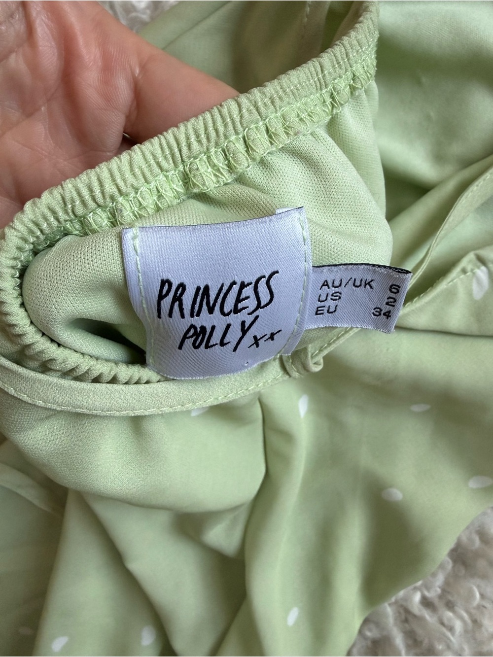 Princess Polly On Cloud Nine Open Back Dress in Sage Green w/ White Polka Dots - Picture 6 of 13